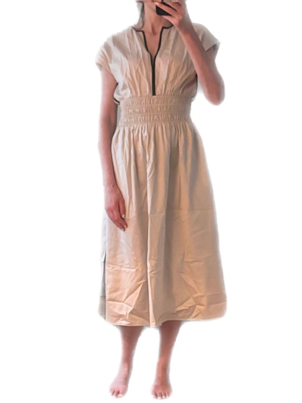 Beige/Cream Smocked Waist Midi Dress with Contrast Trim - Picture 5 of 9